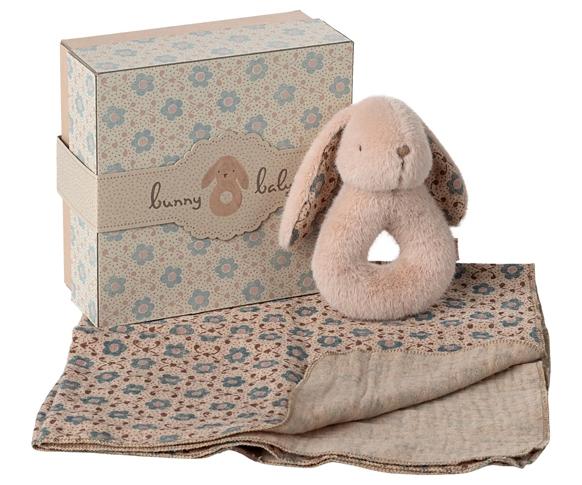 Bunny Rattle & Burp Cloth Set - Powder - Image 3